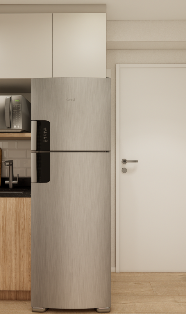 Render 3D de cozinha compacta Metrocasa República com marcenaria em madeira clara, armários brancos e geladeira inox