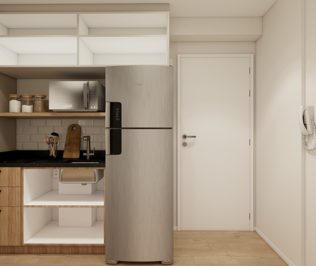 Render 3D de cozinha compacta, marcenaria em madeira e branco, bancada preta, geladeira inox e espelho oval na parede