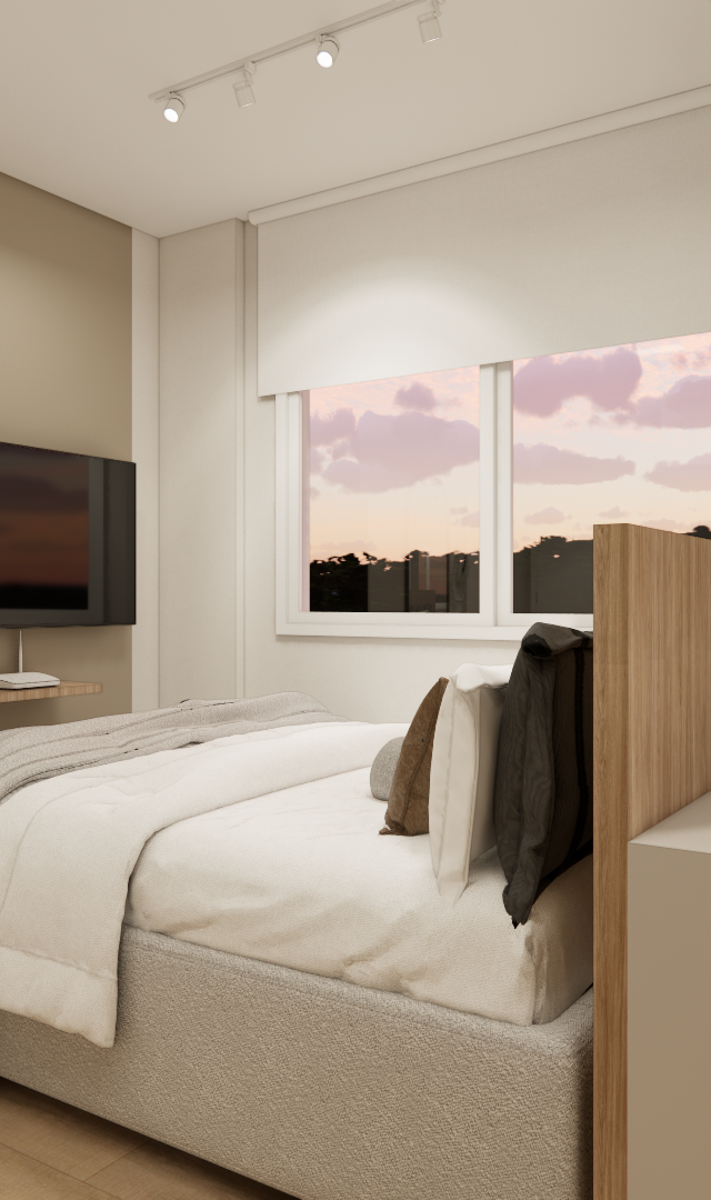 Render 3D de quarto compacto em tons bege, cama com cabeceira em madeira, TV na parede, espelho oval e iluminação em trilho