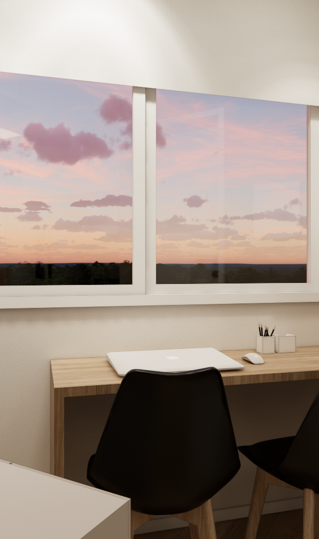 Render 3D de home office em tons bege com mesa de madeira, cadeiras pretas e janela com vista do pôr do sol em São Paulo