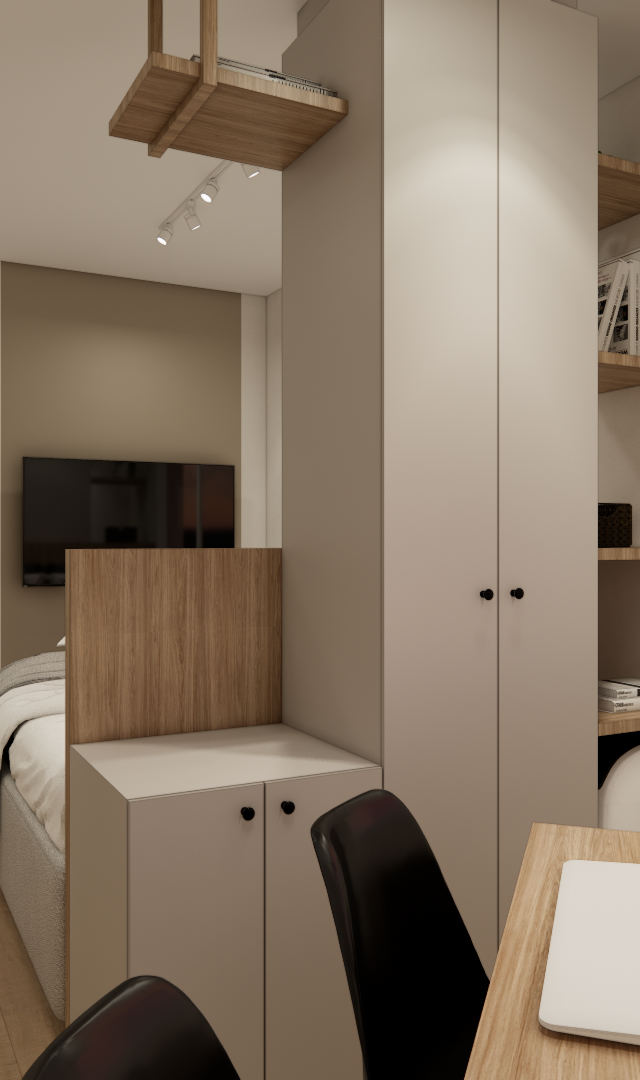 Render 3D de quarto no Metrocasa República com marcenaria bege e madeira, mesa de estudo, espelho e vista do entardecer