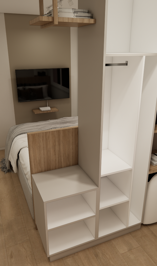 Render 3D de estúdio em tons neutros com divisória de marcenaria branca e madeira, nichos abertos e espelho oval na parede