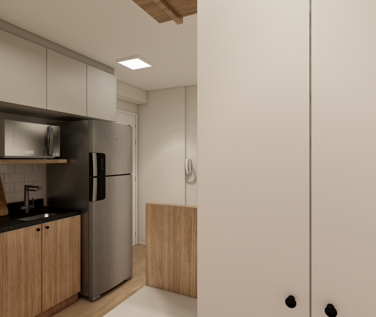 Render 3D de cozinha compacta Metrocasa República com marcenaria em madeira clara, armários brancos e bancada preta