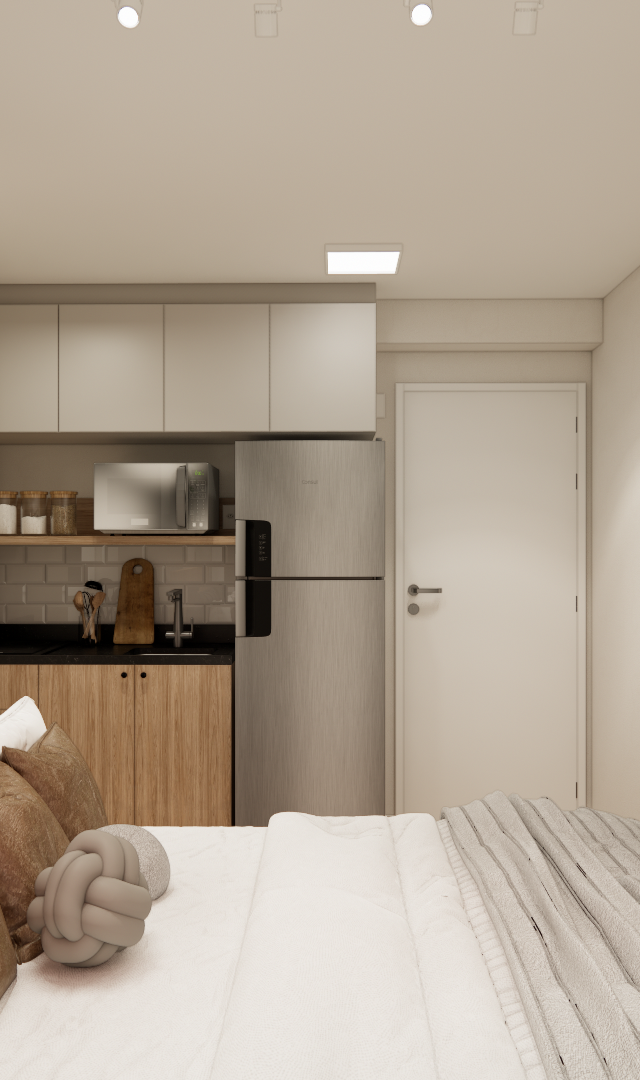 Render 3D de estúdio no Metrocasa República com cama, cozinha compacta em tons neutros, marcenaria amadeirada e TV na parede