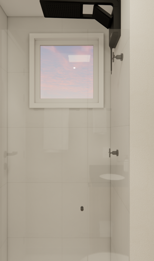 Render 3D de box de banheiro com paredes claras, metais pretos, janela central e acabamentos em tons neutros