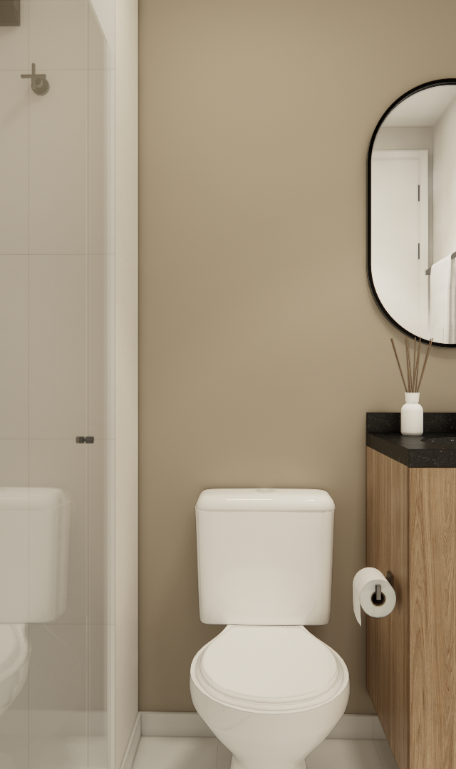 Render 3D de banheiro no Metrocasa República com box de vidro, gabinete em madeira, bancada preta e espelho oval preto