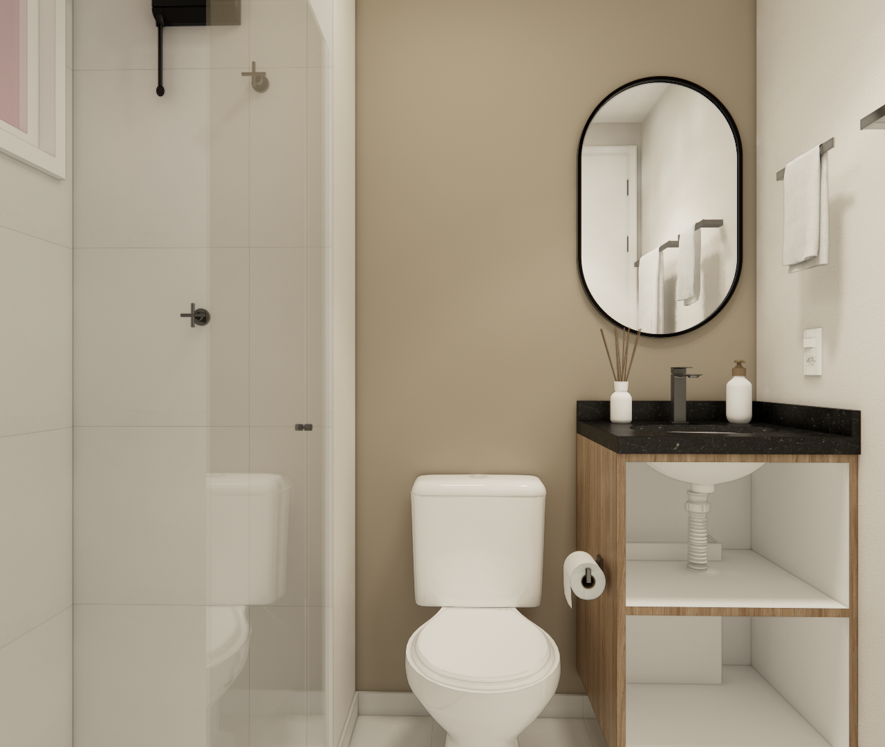 Render 3D de banheiro moderno no Metrocasa República com box de vidro, gabinete amadeirado, bancada preta e espelho oval