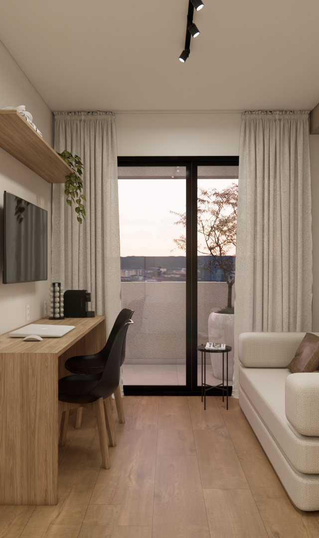 Render 3D de estúdio de 29m² com marcenaria em madeira clara, sofá bege, mesa de trabalho, cozinha e vista para varanda