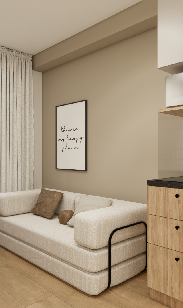 Render 3D de estúdio compacto: cozinha linear com marcenaria em madeira e sofá claro, tons neutros e iluminação natural
