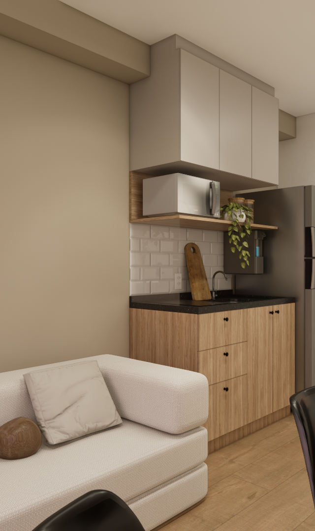 Render 3D de sala e cozinha integrada, tons neutros, marcenaria em madeira clara, sofá branco e espelho orgânico