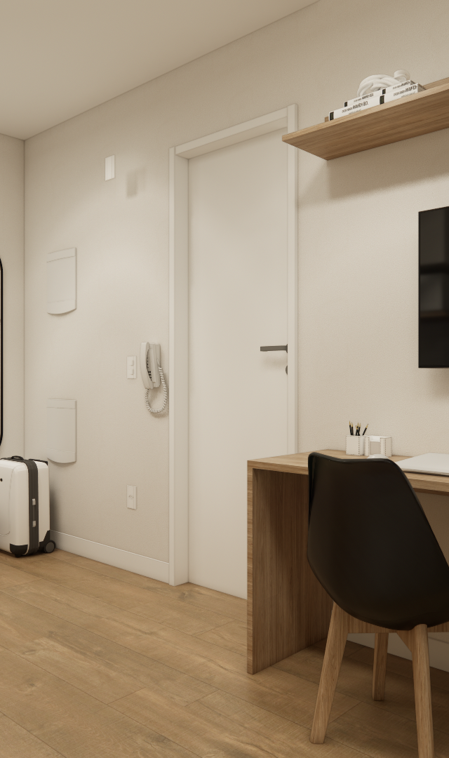 Render 3D de estúdio compacto com tons claros, marcenaria em madeira, bancada, cadeiras pretas e espelho oval em Higienópolis