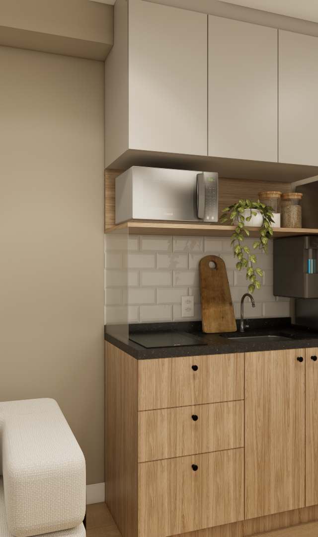 Render 3D de cozinha compacta com marcenaria amadeirada, armários claros, revestimento tipo metrô e sofá bege ao lado