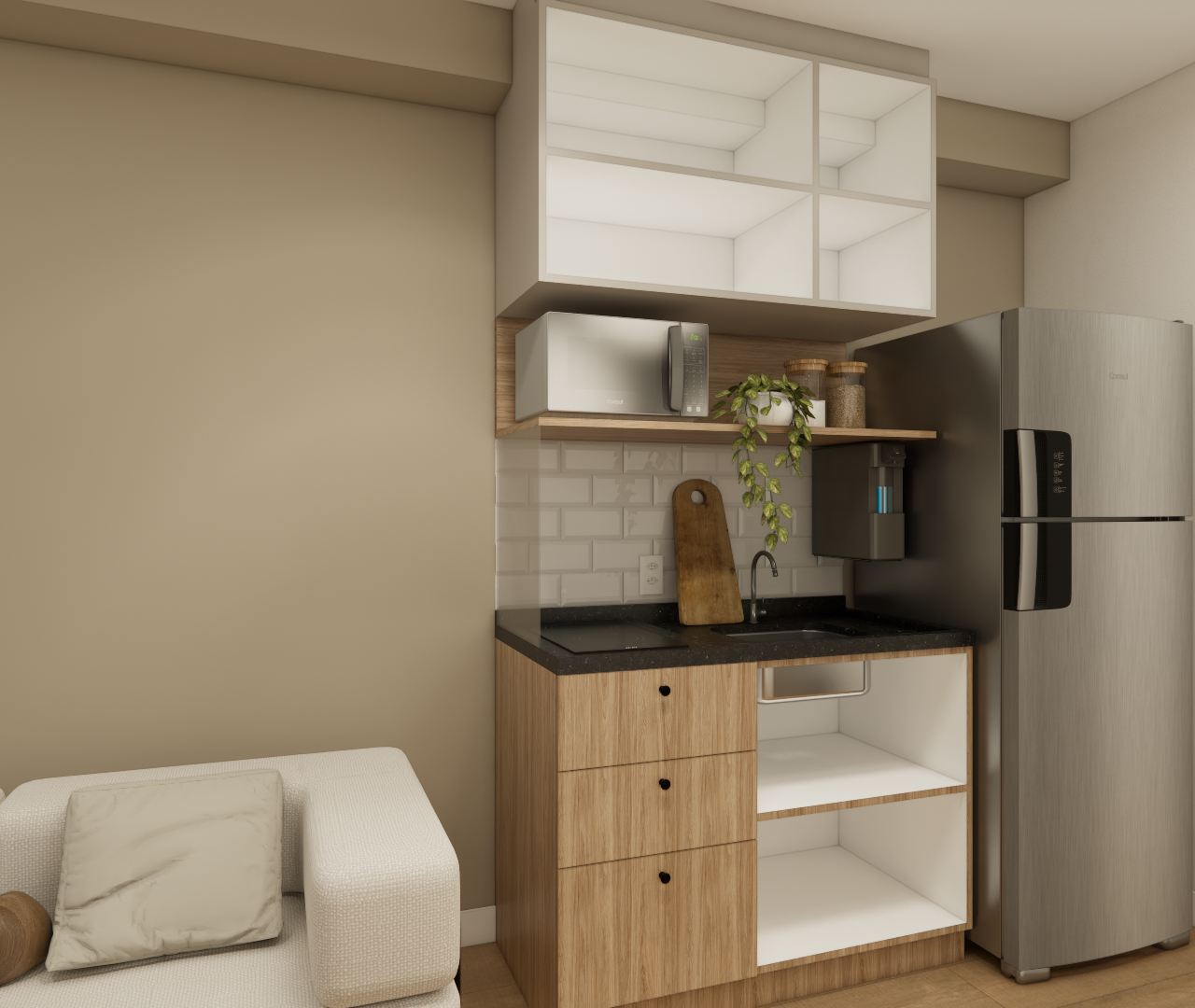 Render 3D de cozinha compacta com marcenaria em madeira e branco, bancada preta, azulejos brancos e geladeira inox