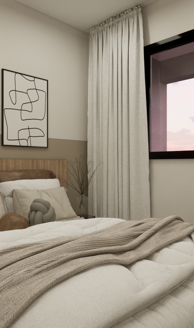 Render 3D de quarto Elements Higienópolis com cama, cabeceira amadeirada, paredes bicolores bege, cortinas e luz natural