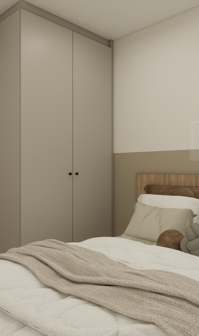 Render 3D de quarto compacto em tons bege, cama com cabeceira em madeira, armário cinza, parede bicolor e iluminação suave