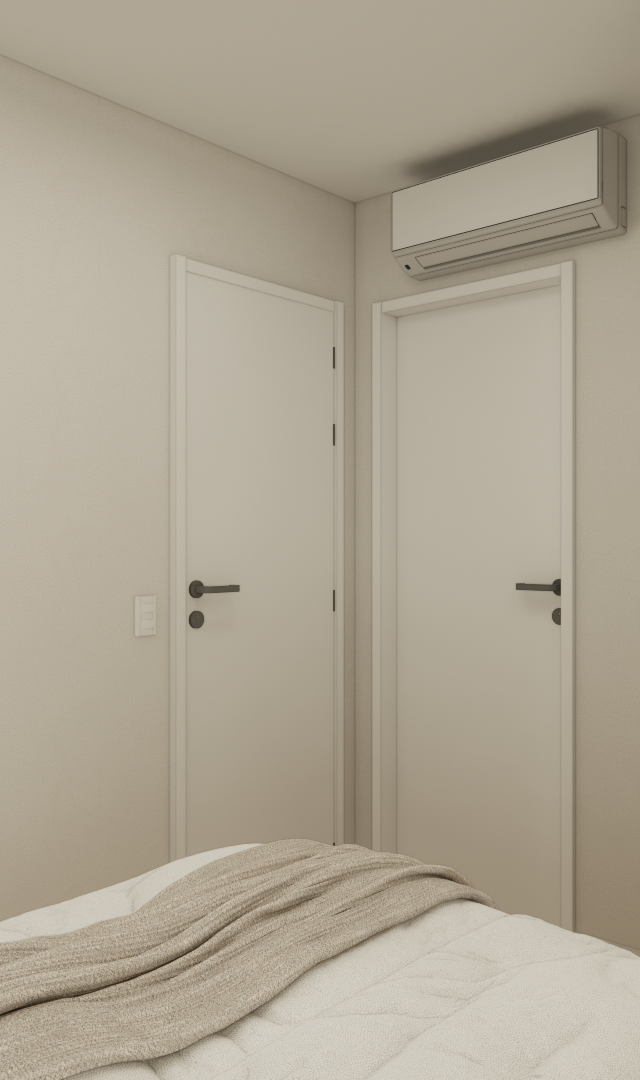 Render 3D de quarto no Elements Higienópolis, tons neutros, portas brancas, armário bege, ar-condicionado e cama com manta