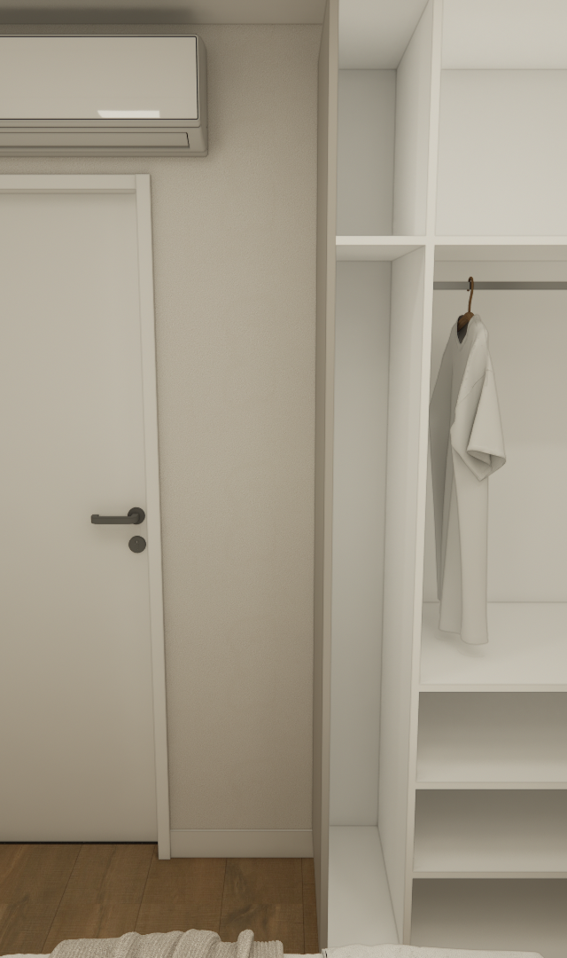 Render 3D de quarto compacto com guarda-roupa aberto branco, portas brancas, piso amadeirado e ar-condicionado em tons neutros