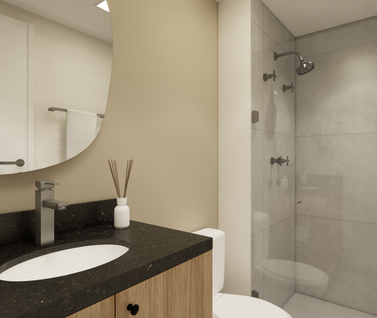 Render 3D de banheiro moderno no Elements Higienópolis, com marcenaria em madeira, bancada preta e box de vidro cinza