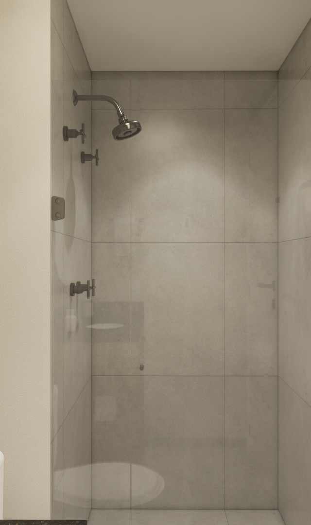Render 3D de banheiro compacto Elements Higienópolis, box de vidro com metais pretos e revestimento cinza neutro