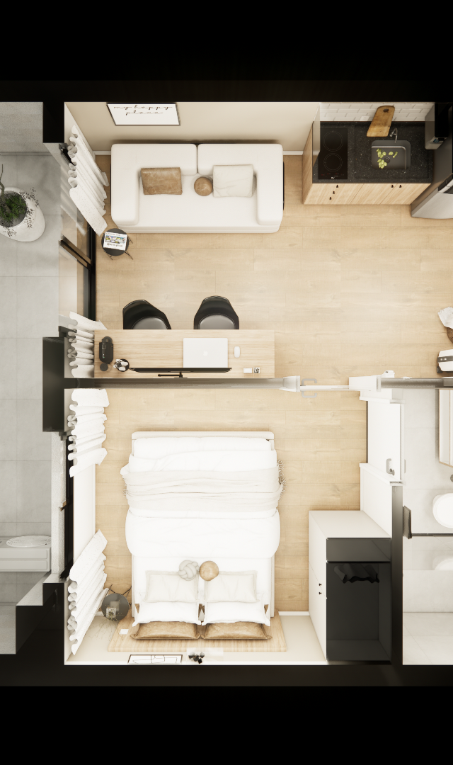 Planta baixa 3D de apartamento 29m² com tons neutros, piso amadeirado, sala, cozinha, home office, quarto e banheiro