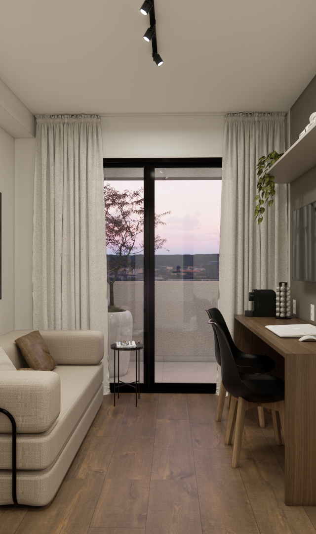 Render 3D de estúdio em Higienópolis com cozinha, sofá bege, mesa de trabalho em madeira, piso amadeirado e iluminação focal
