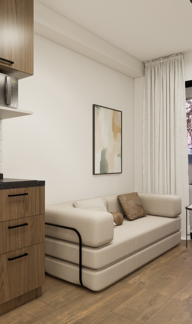 Render 3D de estúdio compacto em Higienópolis com marcenaria amadeirada, sofá bege, mesa de jantar e varanda iluminada