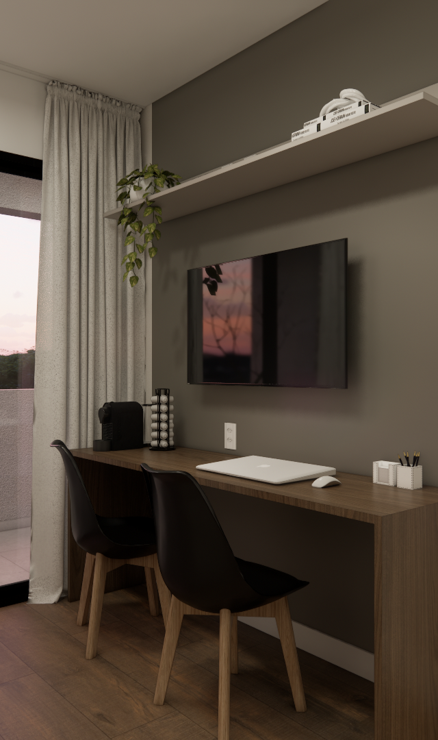 Render 3D de home office em studio com mesa de madeira, cadeiras pretas, parede cinza, iluminação natural e varanda