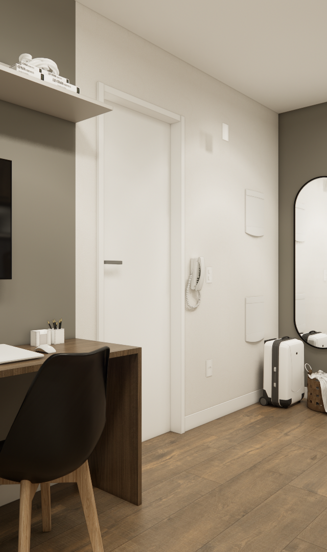 Render 3D de estúdio no Elements Higienópolis com mesa em madeira, cadeiras pretas, paredes cinza e piso amadeirado