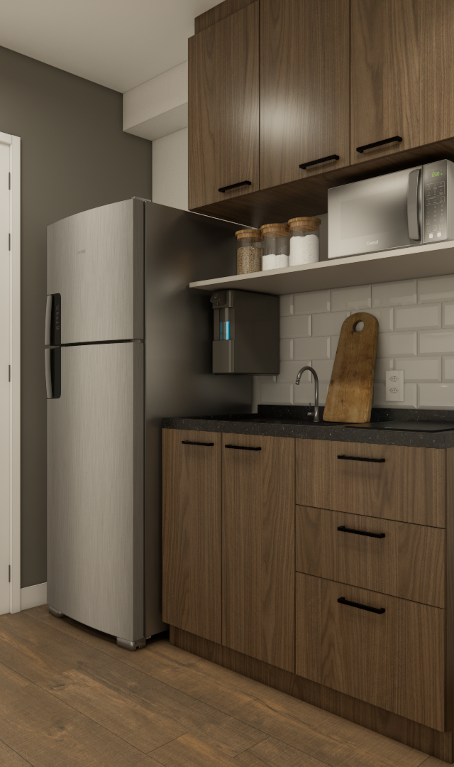 Render 3D de cozinha compacta Elements Higienópolis com marcenaria amadeirada, azulejo tipo metrô e geladeira em inox