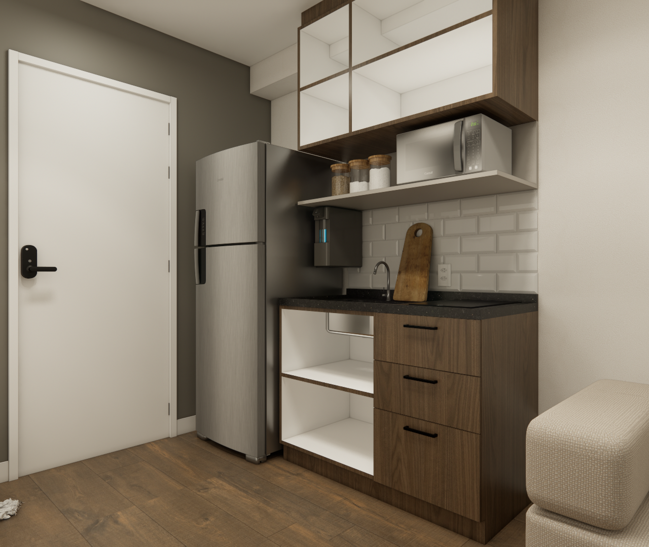 Render 3D de cozinha compacta com marcenaria amadeirada, geladeira inox, parede de tijolinhos e piso em tom de madeira