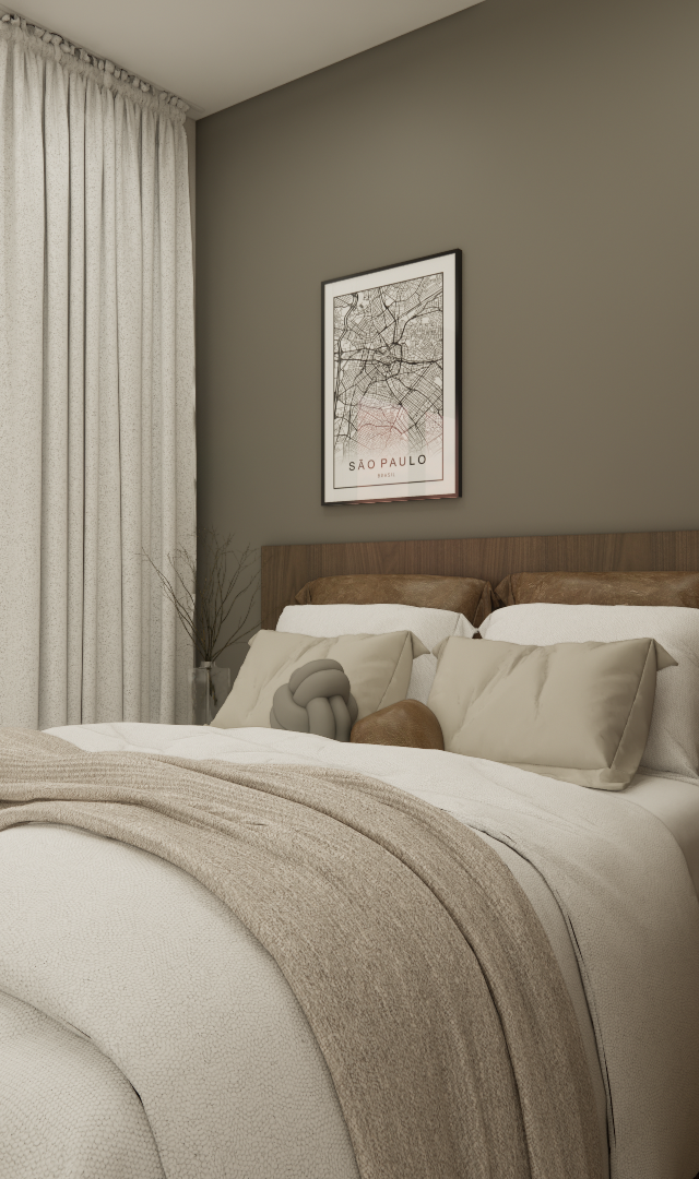 Render 3D de quarto compacto em tons neutros com cama, cabeceira em madeira, parede cinza, mapa de SP e cortina branca