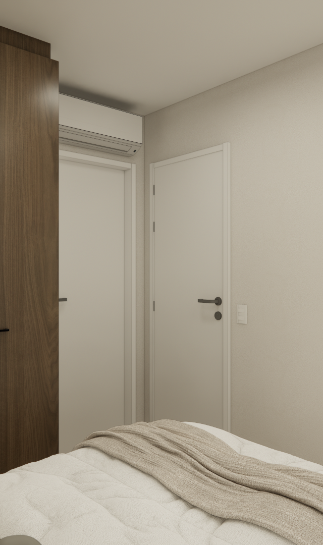 Render 3D de dormitório em tons neutros com armário de madeira escura, portas brancas e cama com colcha bege