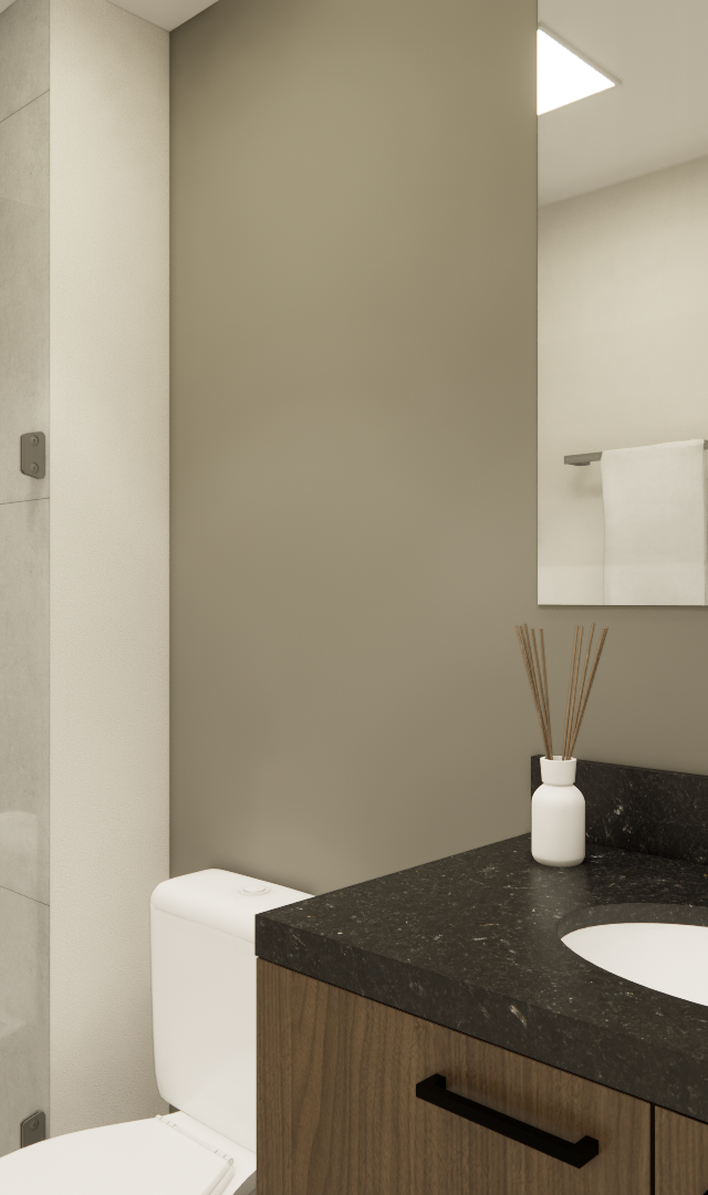 Render 3D de banheiro compacto Elements Higienópolis com bancada de pedra preta, gabinete em madeira e tons neutros