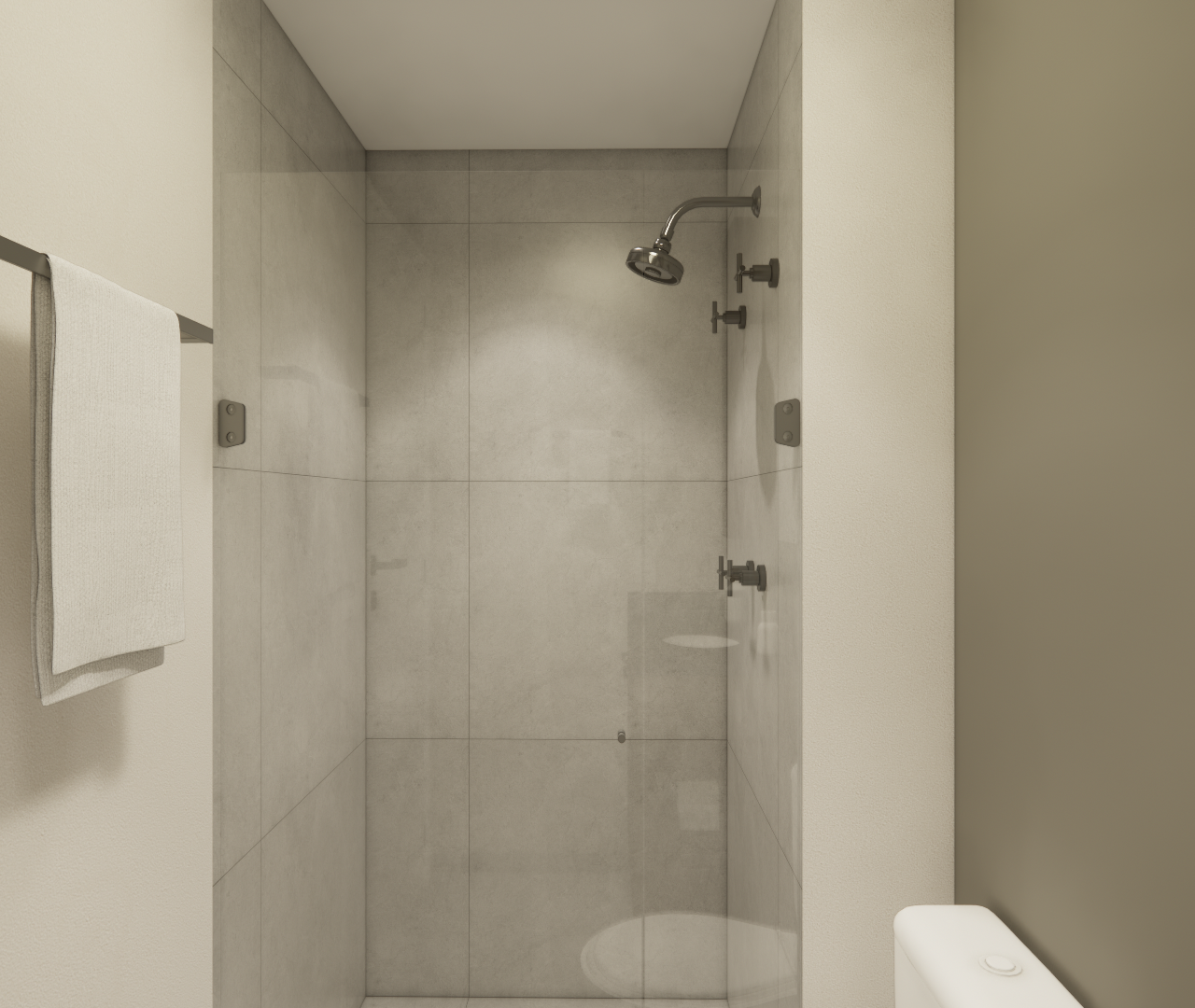 Render 3D de banheiro compacto com box de vidro, revestimento cinza, metais escuros e paredes em tons neutros de bege