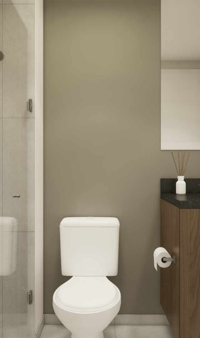 Render 3D de banheiro compacto no Elements Higienópolis com marcenaria amadeirada, bancada preta e revestimento cinza