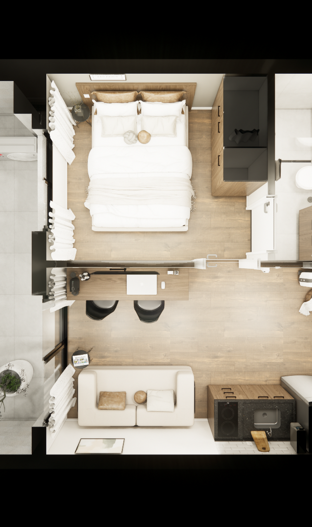 Planta baixa 3D de studio de 25 m² com tons amadeirados, sofá claro, cama de casal, cozinha linear e banheiro integrado