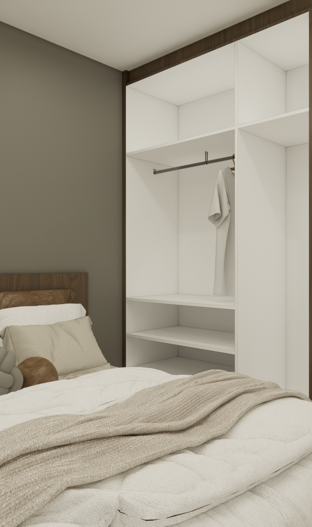 Render 3D de quarto em tons terrosos, com guarda-roupa aberto, cama com cabeceira de madeira e quadro de São Paulo