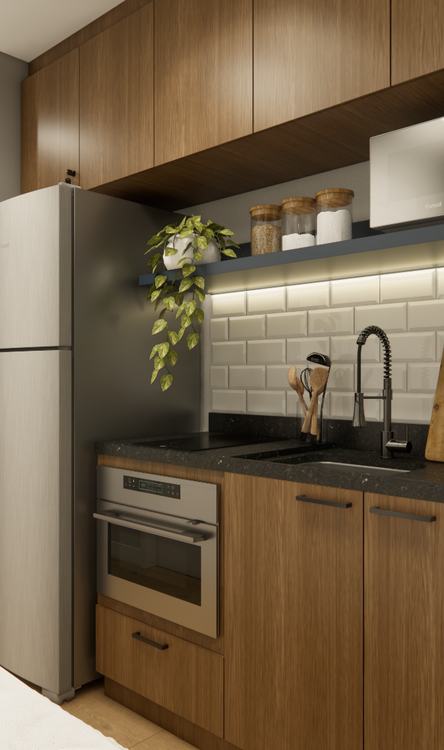 Render 3D de cozinha compacta no LA - CITZY PAULISTA com marcenaria em madeira, bancada preta, subway tiles e iluminação