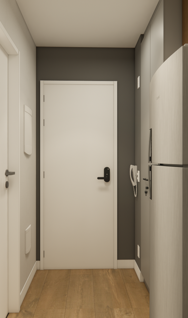 Render 3D de cozinha compacta no CITZY Paulista com marcenaria em madeira e cinza, bancada em pedra escura e iluminação