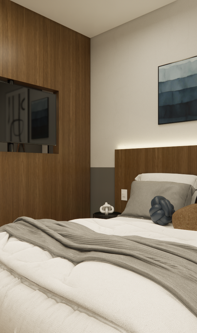 Render 3D de quarto no projeto LA - CITZY PAULISTA com painel amadeirado, cama com enxoval cinza e iluminação indireta