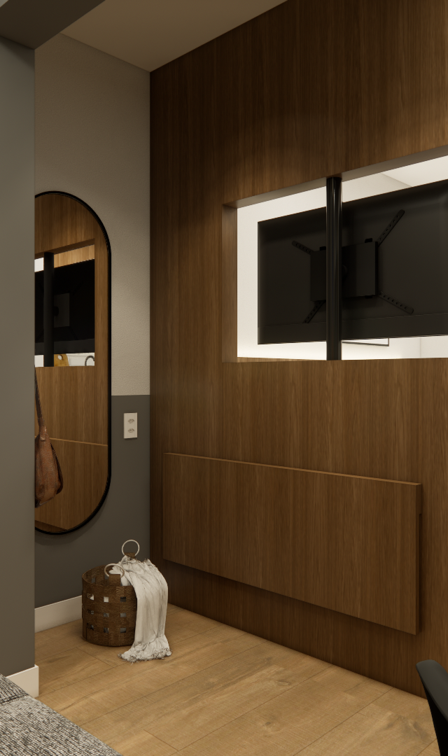 Render 3D de sala e quarto integrados com painel de madeira, TV, sofá cinza, espelho oval e iluminação por trilho
