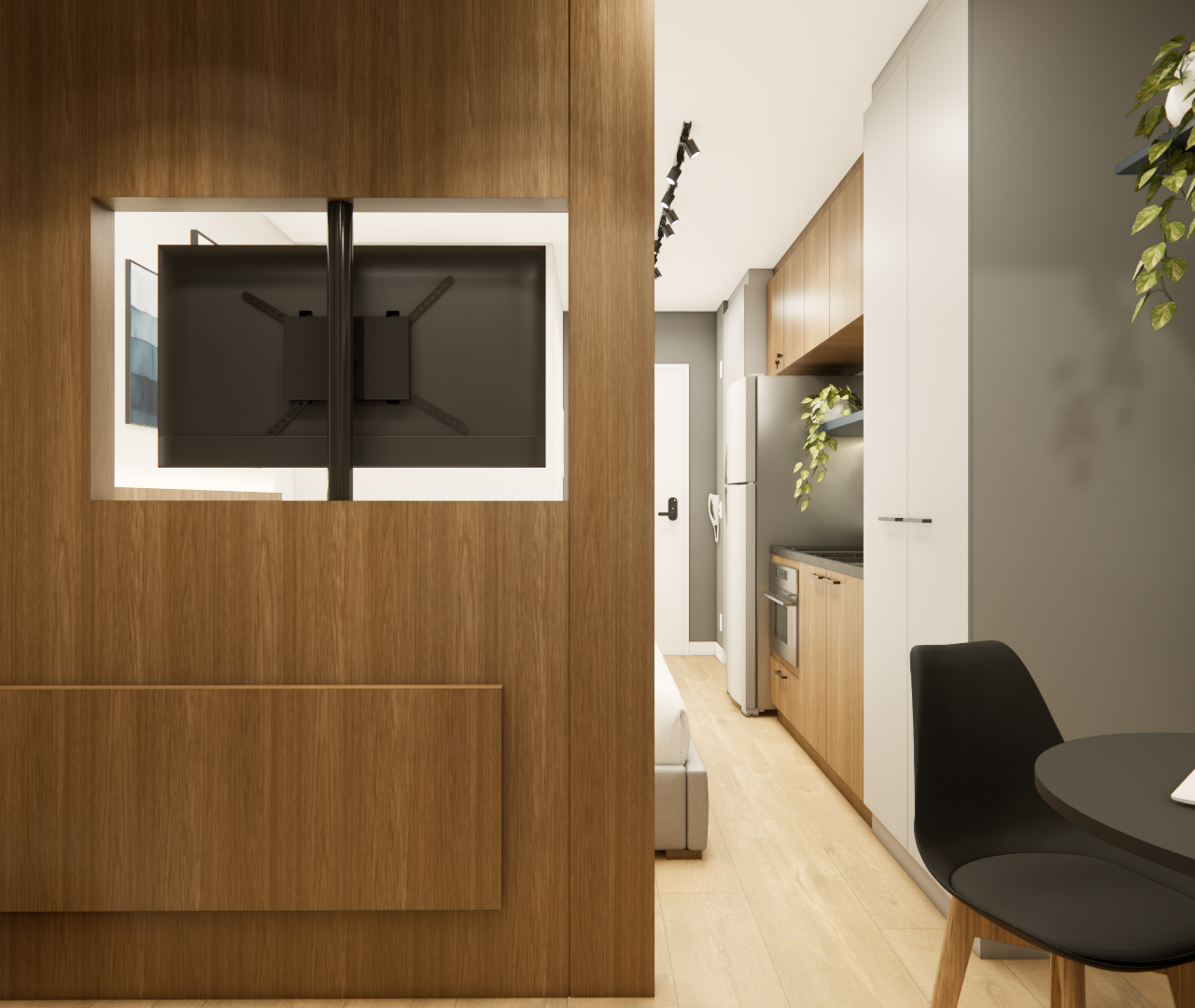Render 3D de estúdio no LA - CITZY PAULISTA com marcenaria amadeirada, TV giratória, cozinha integrada e tons neutros
