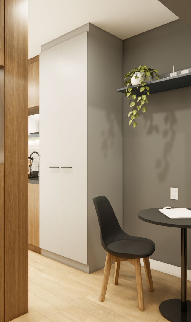 Render 3D da sala de jantar no LA - CITZY PAULISTA com mesa redonda, cadeiras pretas, marcenaria cinza e madeira e planta