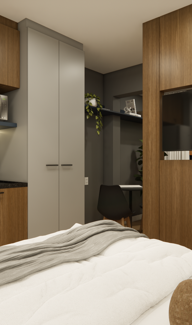 3D de estúdio no LA - CITZY PAULISTA com cozinha em marcenaria amadeirada, azulejos brancos, bancada preta e cama com enxoval