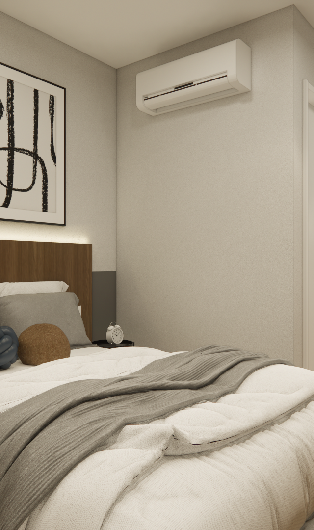 Render 3D de quarto no LA - CITZY PAULISTA com cama, cabeceira amadeirada, iluminação indireta e tons neutros e cinzas