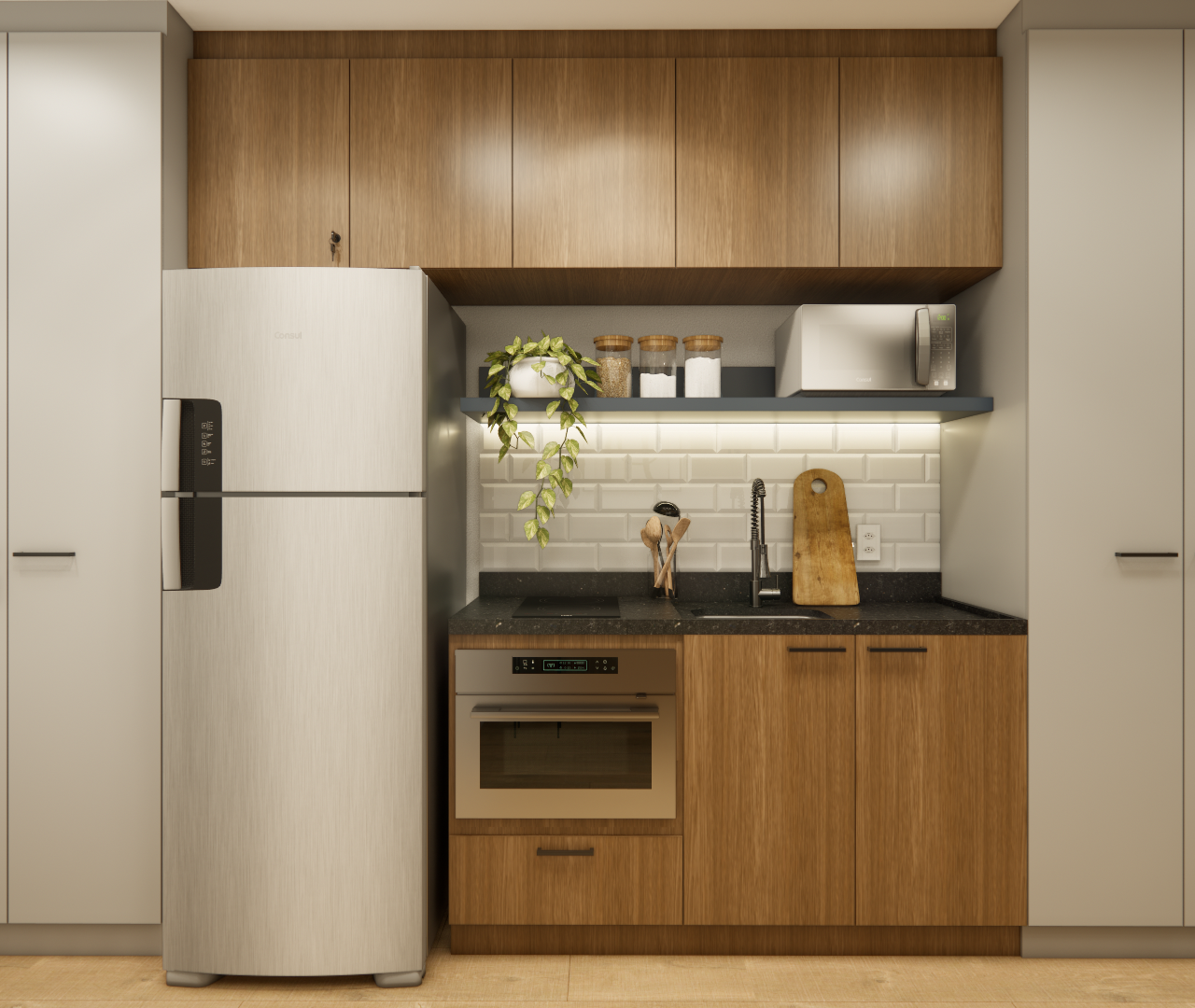Render 3D de cozinha compacta, marcenaria em tons de madeira e cinza, bancada preta, azulejos metrô e iluminação em LED