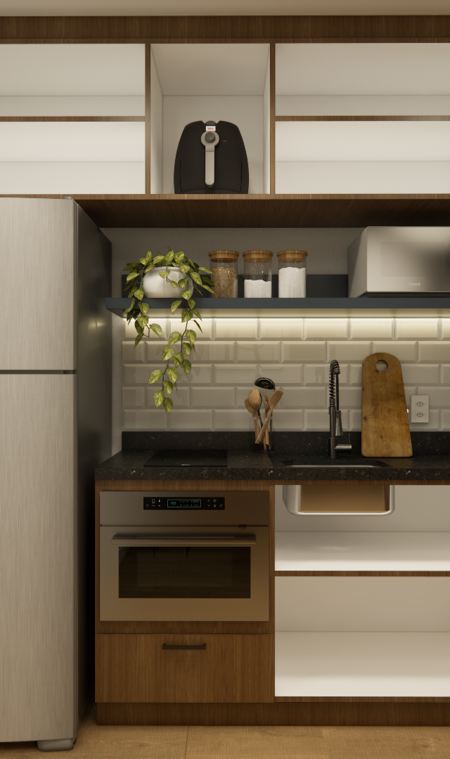 Render 3D de cozinha compacta no CITZY Paulista com armários em madeira e branco, geladeira inox e bancada em pedra preta