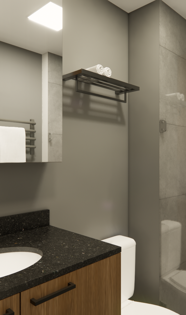 Render 3D de banheiro moderno com bancada de pedra preta, armário em madeira, metais escuros, paredes cinzas e iluminação