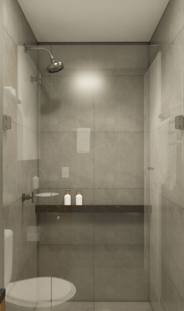 Render 3D de banheiro no CITZY Paulista com revestimento cinza, box de vidro, metais pretos, prateleira e toalheiro moderno