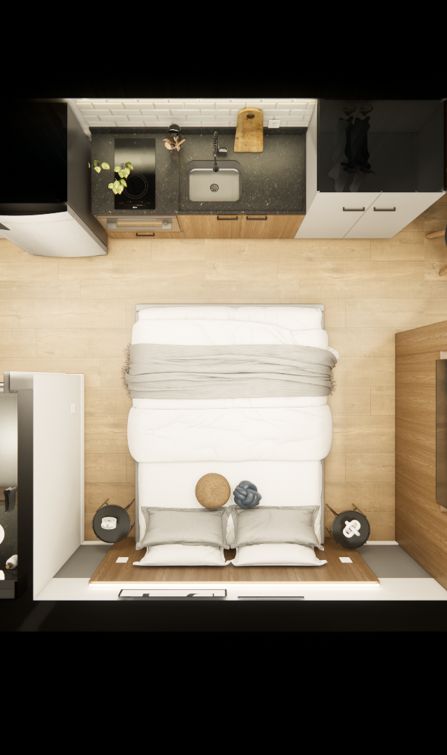 Planta 3D do LA - CITZY PAULISTA: studio com cozinha planejada, cama de casal, sala com sofá cinza e banheiro moderno